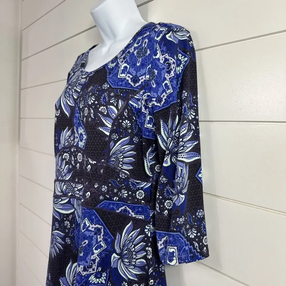 Title Nine Fit & Flare Dream 3/4 Sleeve Dress Paisley Floral Purple Print sz M